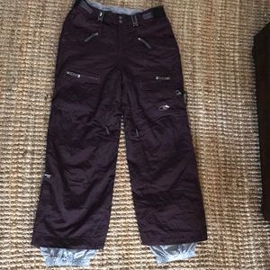 Burgundy/purple snowboard pants.